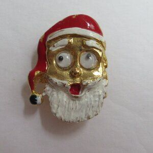 Santa Claus Googly Eyes Whimsical Vintage Enamal Brooch Pin Gold Tone